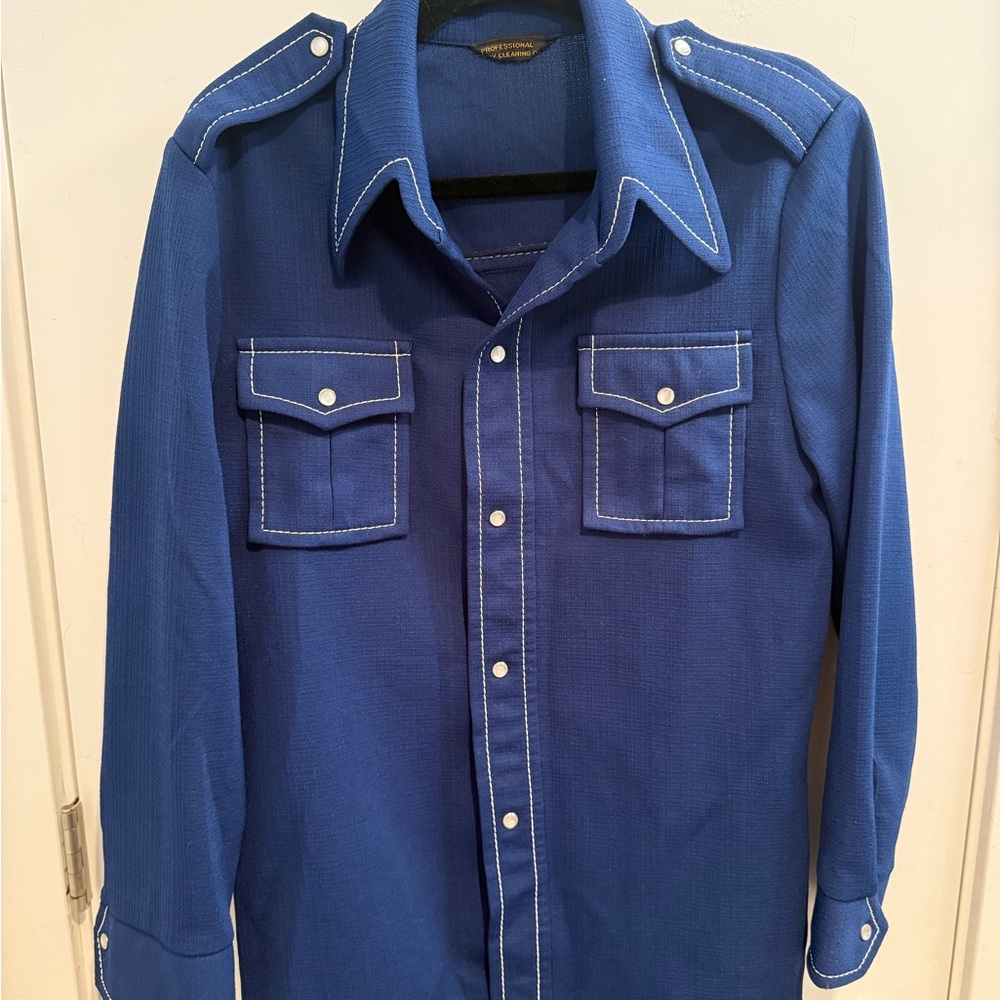 Blue Button-Up Shirt with White Stitching